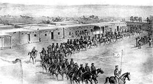 Army leaving Las Vegas, New Mexico during the Battle of Santa Cruz de Rosales in 1848.