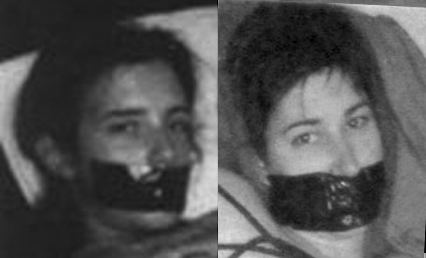 A comparison between Tara Calico and the teenage girl in the polaroid with their mouths taped shut