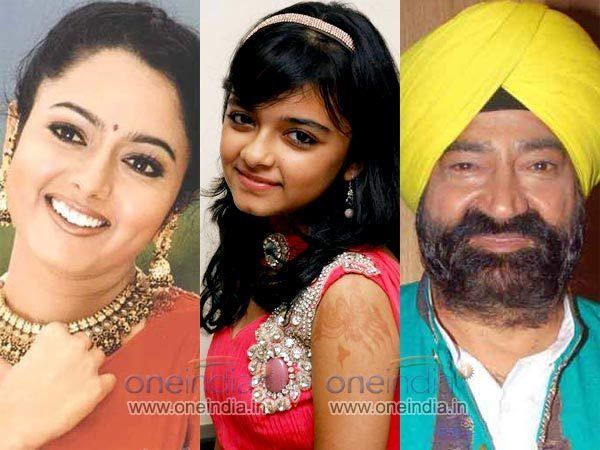 On the left, Soundarya smiling and wearing an orange blouse then, Taruni Sachdev wearing a pink blouse, and on the right, Jaspal Bhatti wearing a turban, vest, and t-shirt