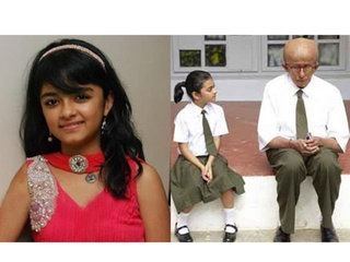 On the left, Taruni Sachdev smiling and wearing a pink blouse while on the right, Taruni Sachdev and Amitabh Bachchan in a scene from the 2009 film Paa