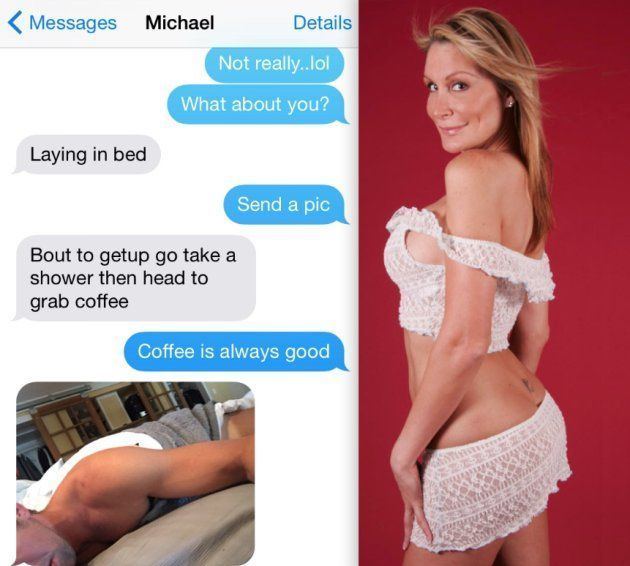 On the left is a chat conversation while on the right is Taylor Lianne Chandler wearing white sexy top and white skirt