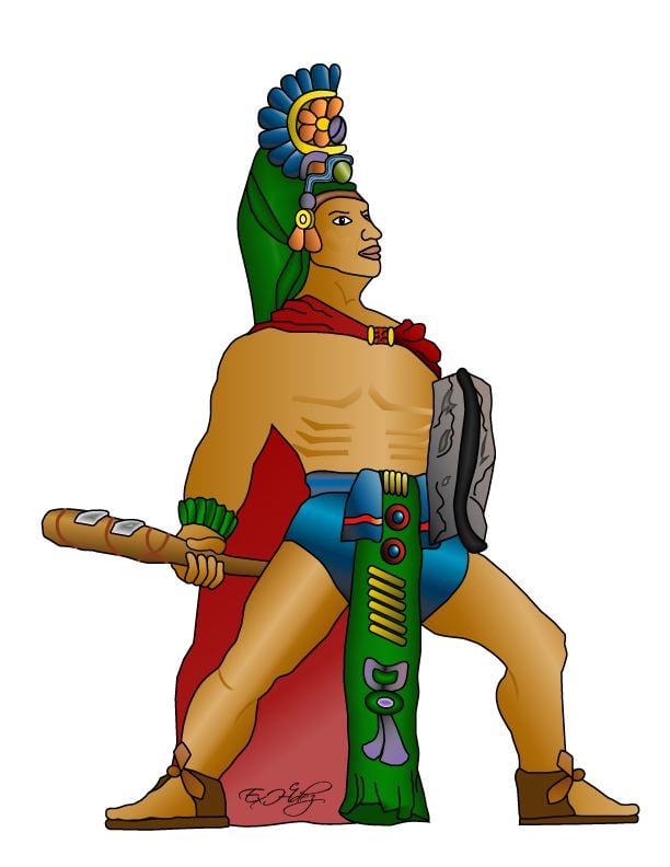 A drawing of Tecun Uman wielding a club and shield and wearing a K'iche' Mayan garment.