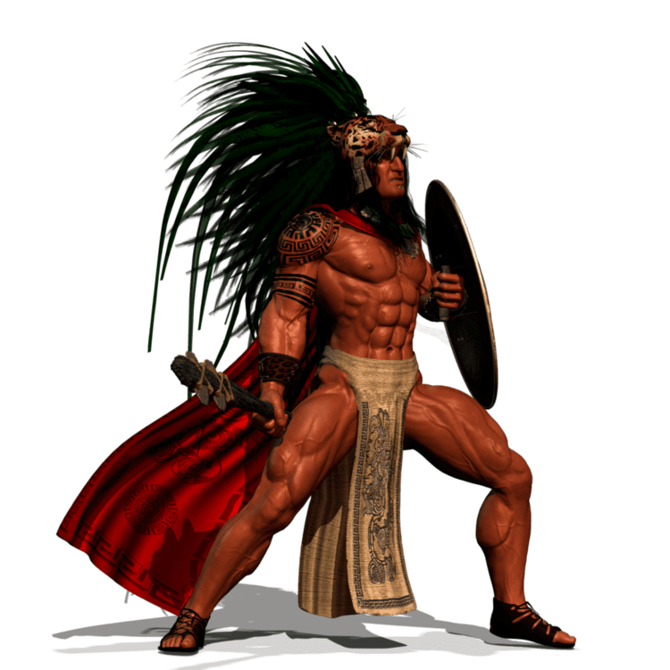 An artists rendition of Tecun Uman with tribal tattoos wielding a club and shield and wearing a red cape and a warrior headgear.