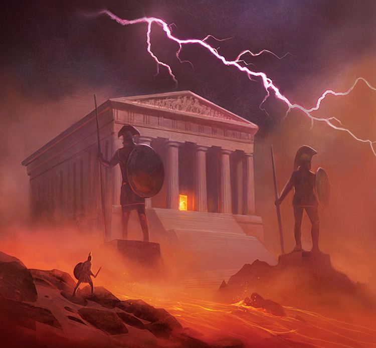 An illustration of the temple of Ares guarded by two soldiers with  lightning in the sky, and a warrior approaches the temple across the rugged volcanic landscape