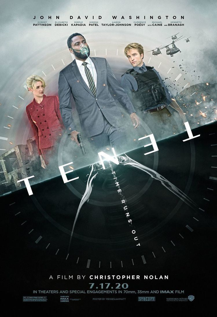 A movie poster of the 2020 film "Tenet" featuring Elizabeth Debicki, John David Washington, and Robert Pattinson