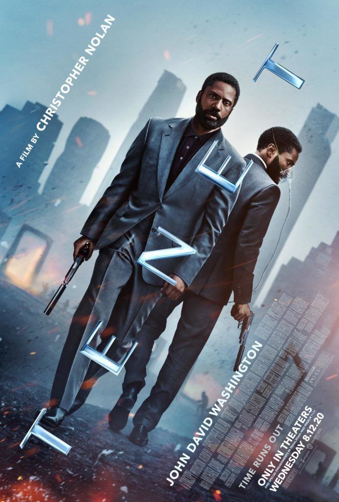 A poster of the 2020 film "Tenet" featuring John David Washington in a gray suit and holding a gun