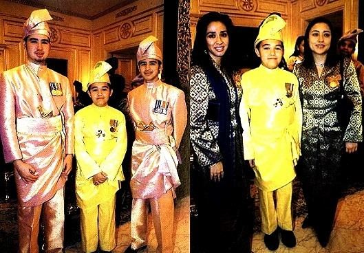 On the left, Tengku Amir Shah smiling with the two men beside him and wearing a yellow royal attire while on the right, he is with Tengku Zatashah and Tengku Zerafina