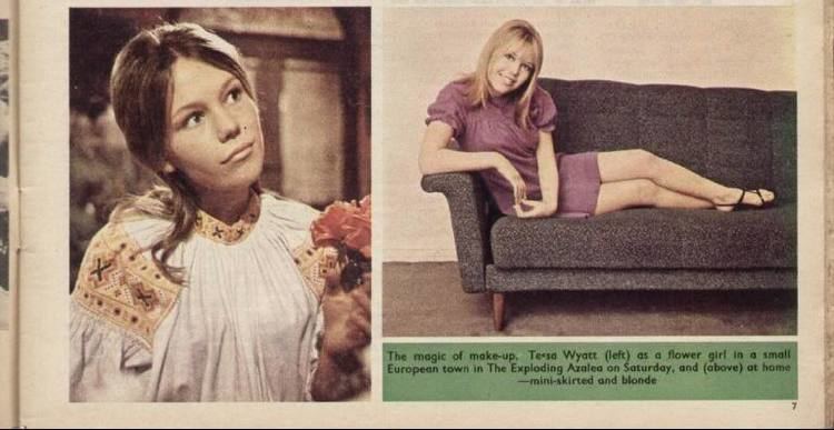 On the left, Tessa Wyatt looking at something while holding a flower and wearing a white and beige blouse. On the right, Tessa smiling and lying on the couch with blonde hair and wearing a purple dress and black sandals