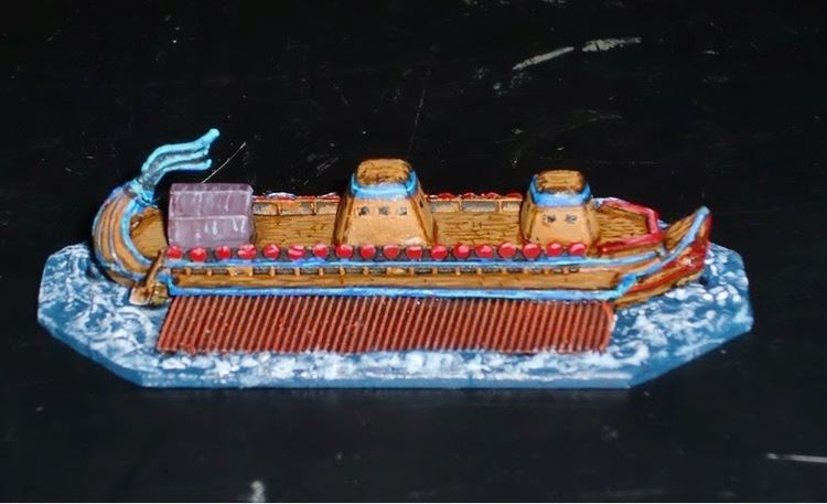 A painting of the Valiant Ramming Speed 1/900th scale Deceres converted to be a 1/1200th scale Tessarakonteres; one of the largest of ships from Hellenistic times.