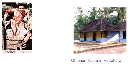 On the left, Thacholi Othenan holding a sword and shield while, on the right, is the Othenan Kalari in Vadakara