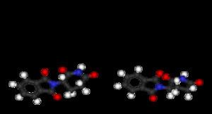 This is an image of the two enantiomers of thalidomide. On the left is the (S)-thalidomide, and on the right is the (R)-thalidomide. The (R) enantiomer is effective against morning sickness, but the (S) is teratogenic.