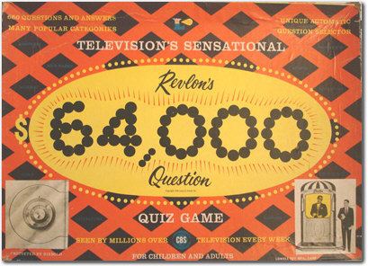 Revlon’s $64,000 TV Quiz Show, on the top left, is the word “Questions and Answers” and below (left) is the word “Many Popular Categories”, on the top right is the word “Unique Automatic” and below (right) is the word “Question Selector”, in the middle is the “Televisions Sensational” and below is “Revlon’s $64,000 Question” inside an oblong shaped, with yellow background, with rays, and circles around. Below is the “Quiz Game” printed in light pink. On the bottom left is a circle, and in the middle is the phrase “Seen By Million Over CBS Television Every Week” printed in yellow, and below is the guidance “FOR CHILDREN AND ADULTS” printed in light pink. On the bottom right is two men standing, a man on the left is serious, inside a booth, with a black and white body and roof, has black hair, looking to his left, both hands holding his suit, wears black sunglasses, yellow long sleeves under a black suit. The man on the right is serious, has black hair, his right hand holding papers, his left hand is also holding a small piece of paper, wears white long sleeves with a red necktie under a black suit, black pants, and black shoes.