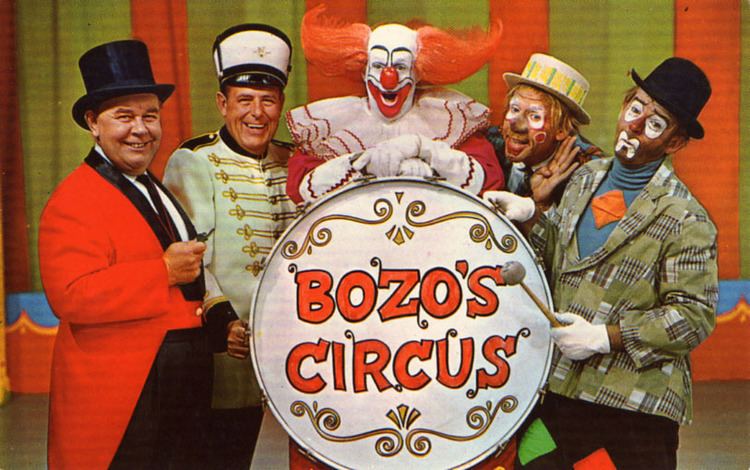 Cast of Bozo's Circus, 1967. Ringmaster Ned (Ned Locke), Mr. Bob (bandleader Bob Trendler), Bozo (Bob Bell), Oliver O. Oliver (Ray Rayner), Sandy (Don Sandburg)