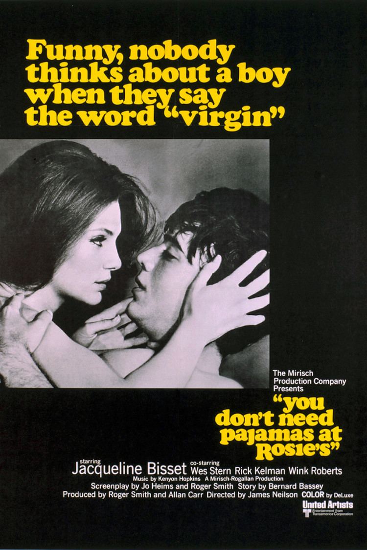 A movie poster of the 1969 film "The First Time" featuring  Jacqueline Bisset as Anna and Wes Stern as Kenny attempting to kiss with printed qoutes "Funny nobody thinks about a boy when they say the word virgin", and "you don't need pajamas at Rosie's"