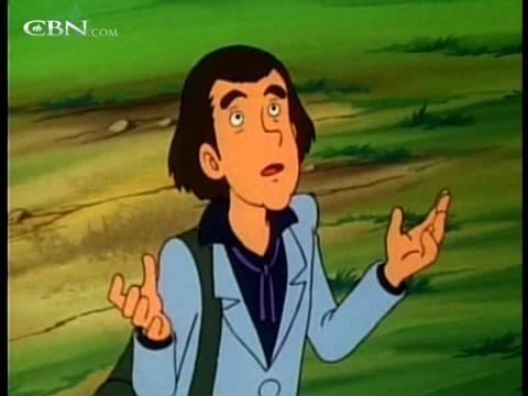 The Flying House (TV series) 1983: On a dirt and grassy plain, Professor Humphrey Bumble is perplexed, mouth half open, hands up. He has black hair and is wearing a black polo under a blue coat, with a bag on his right shoulder.