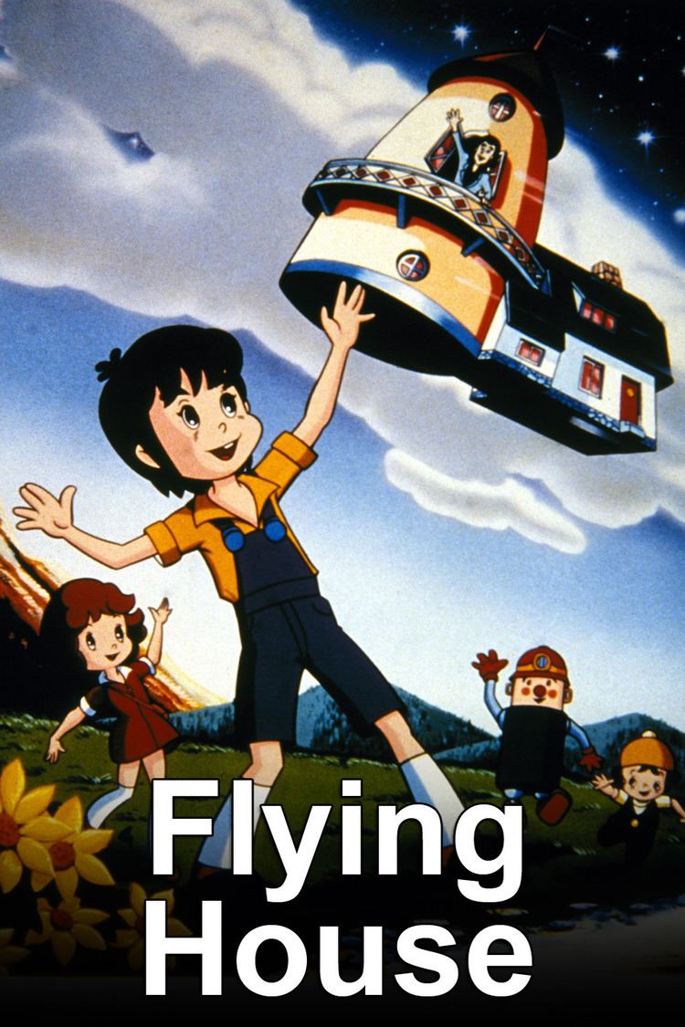 The Flying House (TV series) 1983 movie poster depicts a grassland with yellow flowers and mountains in the background, with a starry night sky and long clouds. At the top is a flying house with yellow-orange walls, a dark brown pointed roof, and a white house with a black roof attached to it. Professor Humphrey Bumble is waving from the window, has black hair, and is wearing a blue long-sleeve polo. At the bottom, from left, Angela Roberts is smiling, standing with her left hand waving up, and has brown hair. She is wearing a brown dress and white socks. Justin Casey, second from left, is smiling and waving with his hands. He is wearing an orange shirt under black jumper shorts and white socks. Solar Iron Robot, third from left, is smiling, running, and waving with his right hand up. He has a dark blue body, a brown head, blue arms, red hands, blue legs, and red shoes. Corwyn Roberts, at right, is smiling, running with her right hand up waving, and has brown hair. She is wearing a yellow cap and a yellow shirt under a black dress. In front is the title "Flying House."