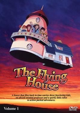 The movie poster of The Flying House (TV series) 1983, in a cloudy sunset skies has a flying house with a white wall and blue roof, attached to a pink building with a pointy brown roof and a terrace with from left,  Solar iron robot is smiling, standing hands up waving down, has blue body and light blue legs and arms, has brown head and red nose, wearing a red gloves and red helmet, 2nd from left, Angela Roberts is smiling, standing with her hands up waving has short brown hair wearing a red dress and long white socks, 3rd from left, Professor Humphrey Bumble is standing looking down, right hand up waving, has brown hair wearing a blue long jacket, 4th from left Justin Casey is smiling, standing with his left hand on his stomach has black hair wearing a yellow shirt under a blue jumper shorts, and long white socks,  At the right, Corwyn Roberts is smiling, standing, with her hands up waving has brown hair wearing a yellow cap, yellow shirt under a blue dress, at the bottom is the title The Flying House