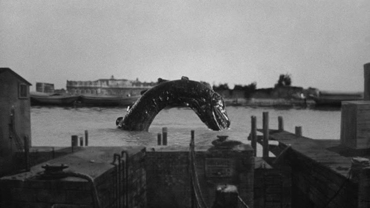 The Giant Behemoth movie scenes In the end the monster itself looks unusual with its alligator like skin although the low budget and likely brief shooting schedule are painfully evident 