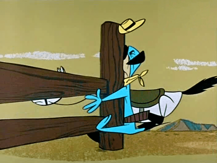 The Good, the Bad, and Huckleberry Hound movie scenes We fade into the next scene and Huck is riding the horse Huck hits the horse with a switch to get him to go faster The horse stops turns and tells him 