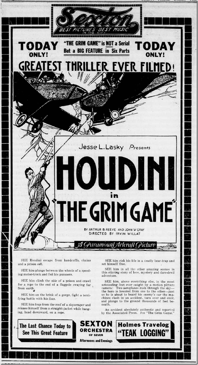 The Grim Game Films of Harry Houdini The Grim Game 1919 Monster Movie Kid