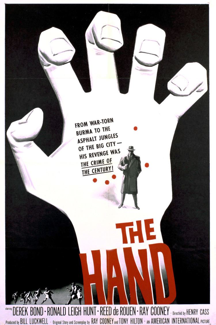 Movie poster of The Hand, a 1960 British horror film featuring a big hand with a man holding a gun, wearing a hat, coat, and pants.