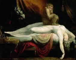 A painting of an unidentified creature sitting on top of a woman lying in bed and another unidentified creature sneaking behind the curtain