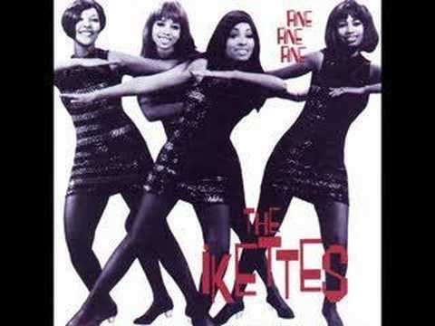 The album cover of THE IKETTES has white background, and four woman dancing and word “Fine Fine Fine” at the top right, from left is a woman smiling, with her left arm extended to her left and right hand under her neck, has short black hair wearing, a black striped dress, 2nd from left, a woman smiling, with her left arm extended to her left and right hand under her neck, has long black hair, wearing a black striped dress, 3rd from left, a woman smiling, with her right arm extended to her right and left hand under her neck, has long black straight hair, wearing a black striped dress, at the right a woman smiling, with her right arm extended to her right and left hand under her neck, has long black straight hair, wearing a black striped dress, and THE IKETTES at the right bottom.