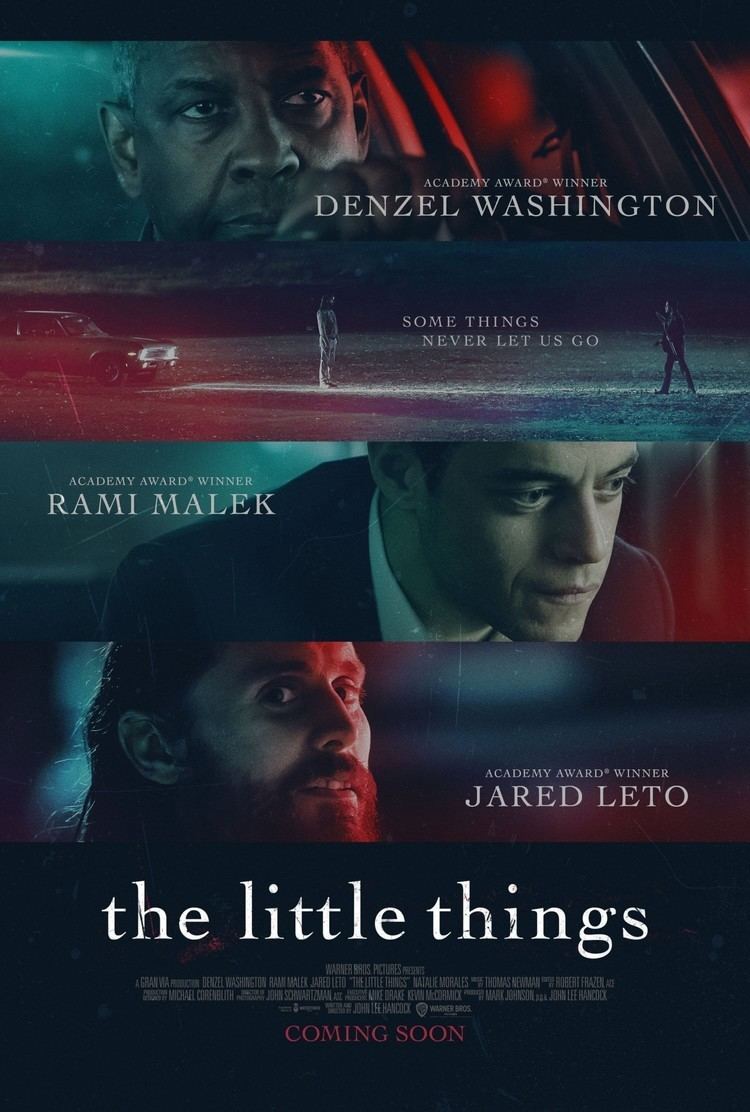 Movie poster of the 2021 film "The Little Things" featuring Denzel Washington, Rami Malek and Jared Leto