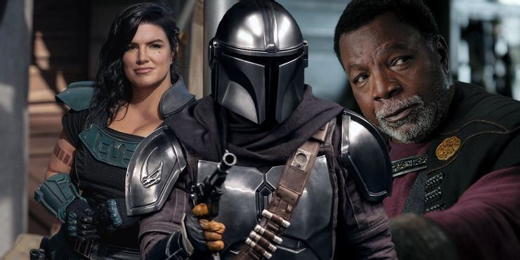 Gina Carano smiling in an armor vest, the Mandalorian holding a gun, and Carl Weathers looking at something with a beard and mustache