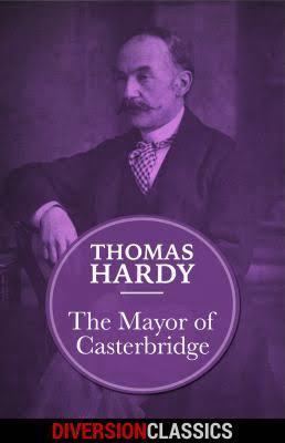 The cover of the book The Mayor of Casterbridge, In a amethyst shade of the cover, Thomas Hardy is sitting, with his hand up resting at the chair legs crossed, has black hair a mustache wearing a white turtleneck with a checkered necktie under a black coat and black pants, in front is a round shade filled with purple with a name of “THOMAS HARDY - The Mayor of the Casterbridge” at the bottom is a word “DIVERSIONCLASSICS”