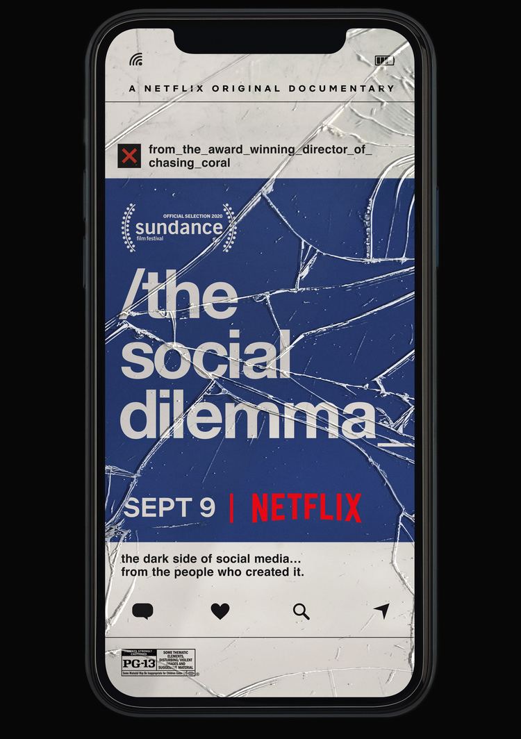 A cellphone with a crack displaying a poster of the 2020 American docudrama film, The Social Dilemma that will be showing on Netflix