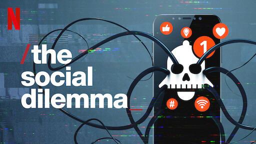 On the left, is the title of the docudrama film, The Social Dilemma while on the right, is a cellphone showing a skull and social media icons