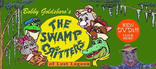 An opening scene of the "The Swamp Critters of Lost Lagoon" featuring Ribbit E. Lee, Ima Dilla, Gumbo Fiddler Crab, Joe Raccoon, Big Al Gator, and Billy Bob Possum