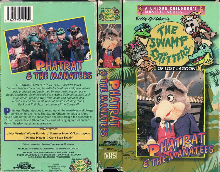 The DVD cover of "The Swamp Critters of Lost Lagoon" featuring its casts- Billy Bob Possum, Ribbit E. Lee, Gumbo Fiddler Crab, Ima Dilla, Joe Raccoon, Big Al Gator, and Phinneas Phatrat