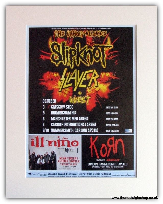 The Unholy Alliance Tour Vintage Original Adverts Music Related Adverts Slipknot Slayer