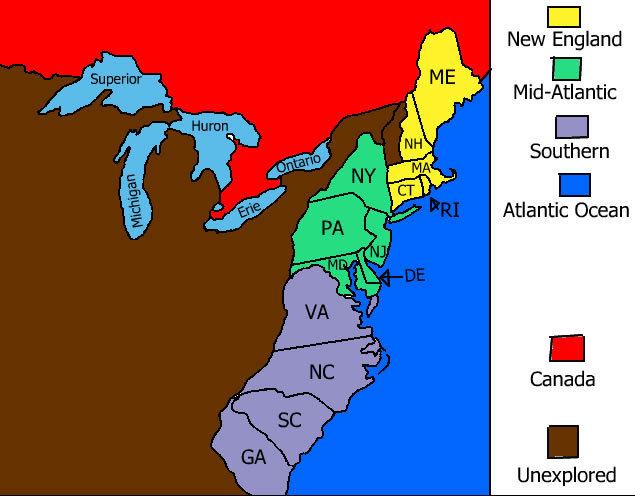 A map of the Thirteen Colonies that features Canada, The Atlantic Ocean and some unexplored areas.
