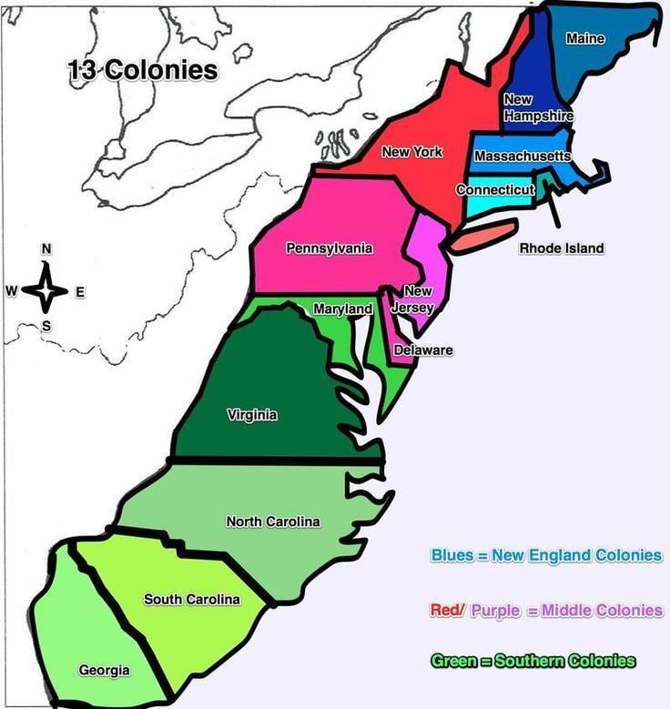A map of the Thirteen Colonies divided according to the colonies they belong.