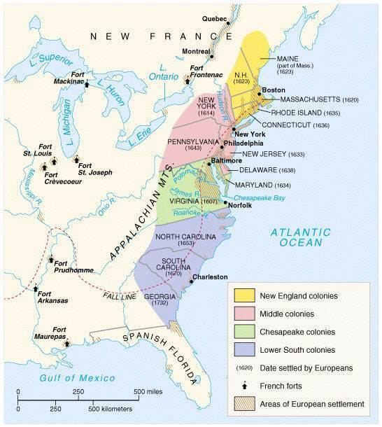 A wider map of the Thirteen Colonies with more numerical emphasis.