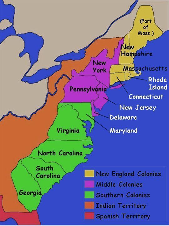 A map of Thirteen Colonies divided according to cultural influence.