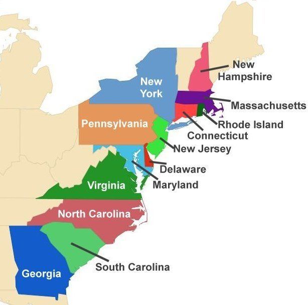 A map showing the Original Thirteen Colonies of the United States.