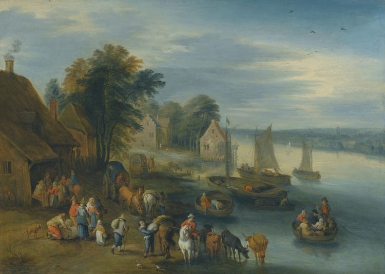 Théobald Michau FileA River Landscape with Villagers Unloading Their Boats by