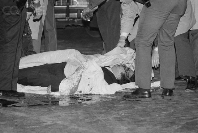 The dead body of Thomas Bilotti lying on the floor after being shot by at least six bullets outside Sparks Steakhouse in Manhattan