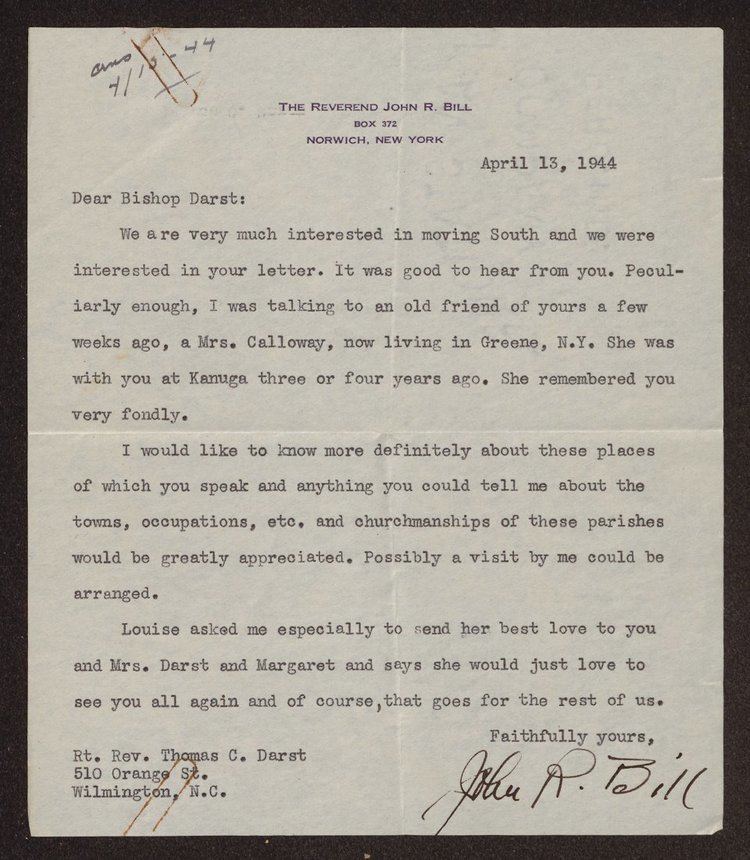 Thomas C. Darst Letter from Rev John R Bill to Bishop Thomas C Darst