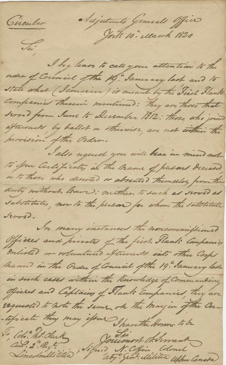 Thomas Clark (Upper Canada) Letter to Col Thomas Clark of the 2nd Lincoln Militia from