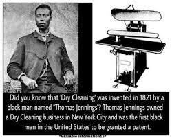 A poster about Thomas L. Jennings and his invention in 1821. On the left Thomas with a serious face, wearing a coat, vest, and pants. On the right is his invention used for "dry cleaning".