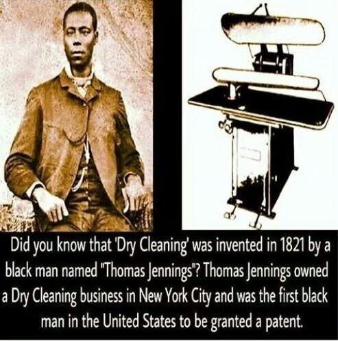 A poster about Thomas L. Jennings and his invention in 1821. On the left Thomas with a serious face, wearing a coat, vest, and pants. On the right is his invention used for "dry cleaning".