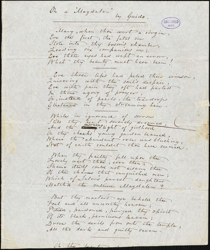 Thomas William Parsons Thomas William Parsons manuscript poem On a Magdalen by Guido
