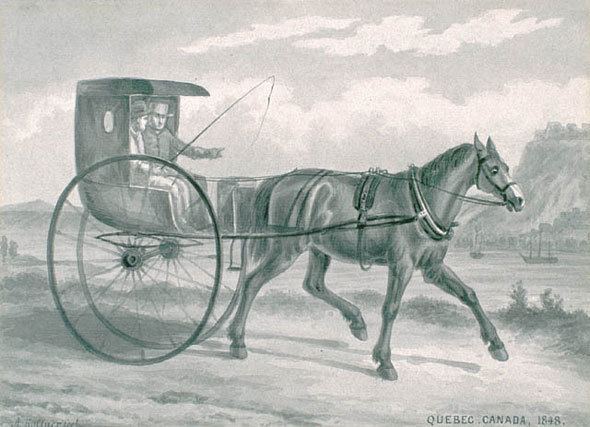 A sketch of Toronto’s first cab company operated by Thornton Blackburn, a horse pulling a wagon with 2 people on it