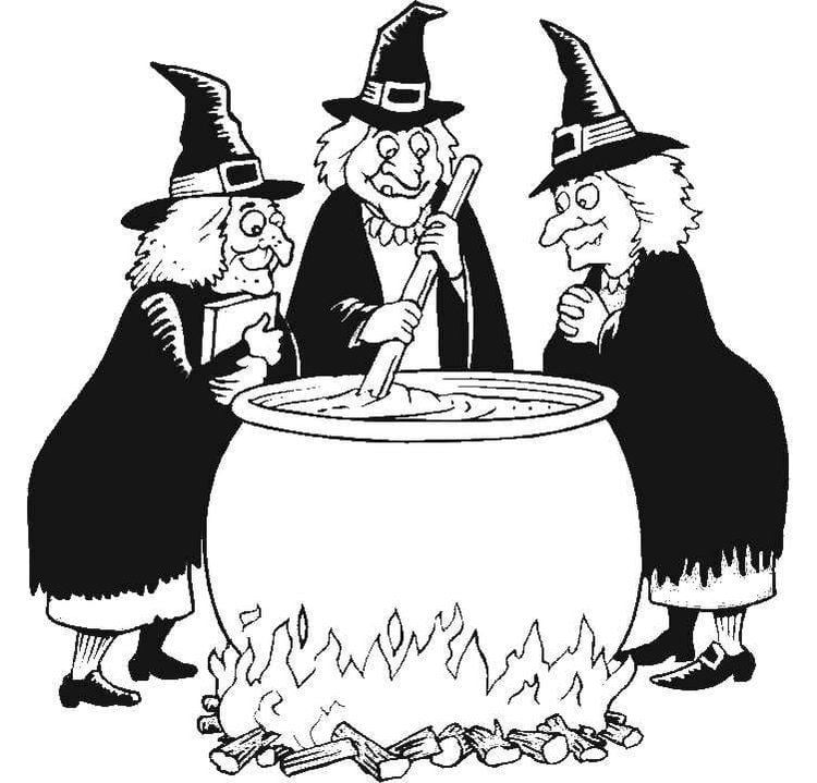 Black and white cartoon three Witches stirring the potion bowl while wearing a black dress and hat