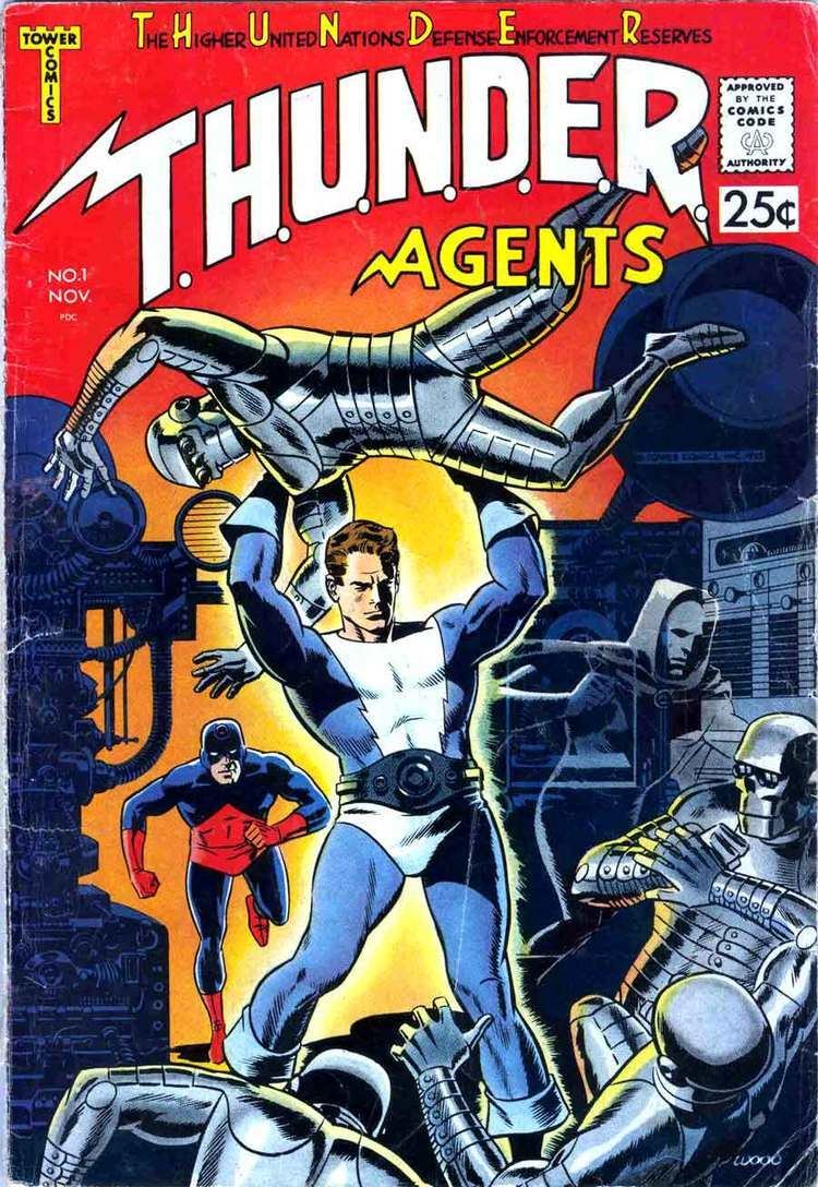 A cover page of the comic "T.H.U.N.D.E.R. Agents" featuring Menthor and Dynamo lifting an armored Jovian